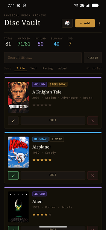 The Disc Hoard collection screen showing a shelf of films color-coded by format